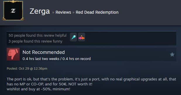 Screenshot of the article titled Red Dead Redemption Remaster, As Reported by Steam Reviews